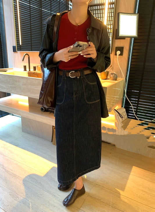 High-waisted slit denim skirt