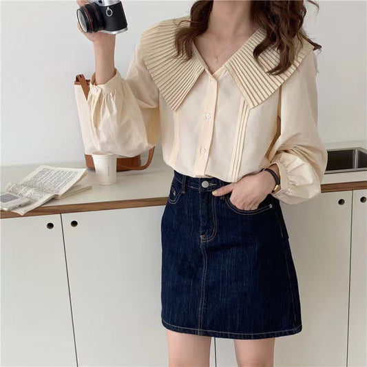 Pleated Collar Long Blouse