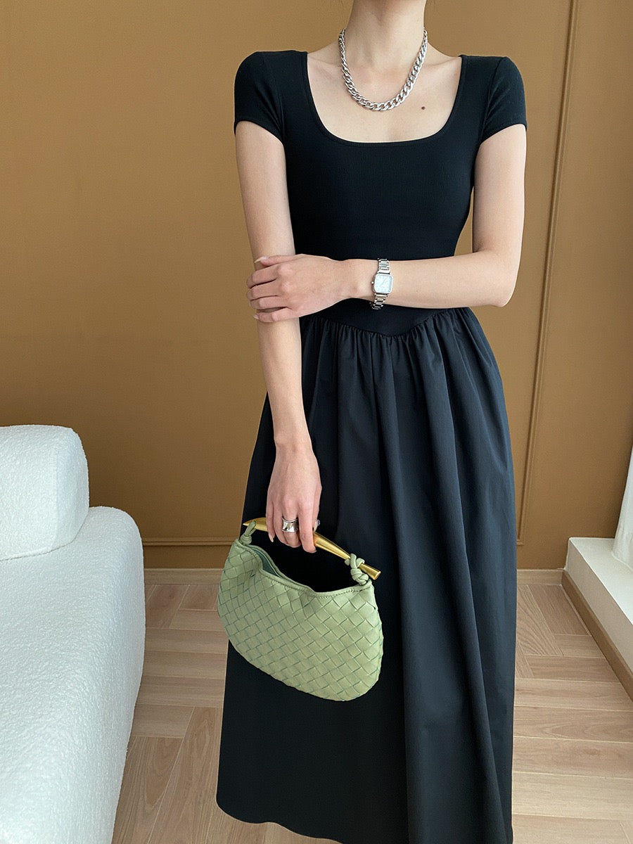 Square Neck Cinched Waist Black Maxi Dress