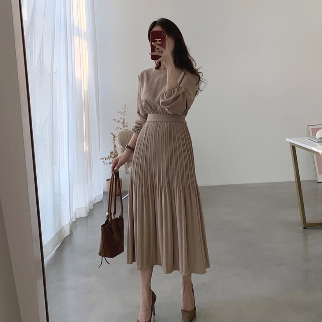 Pleated Round Neck Dress