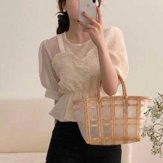 法式拼接假兩件上衣