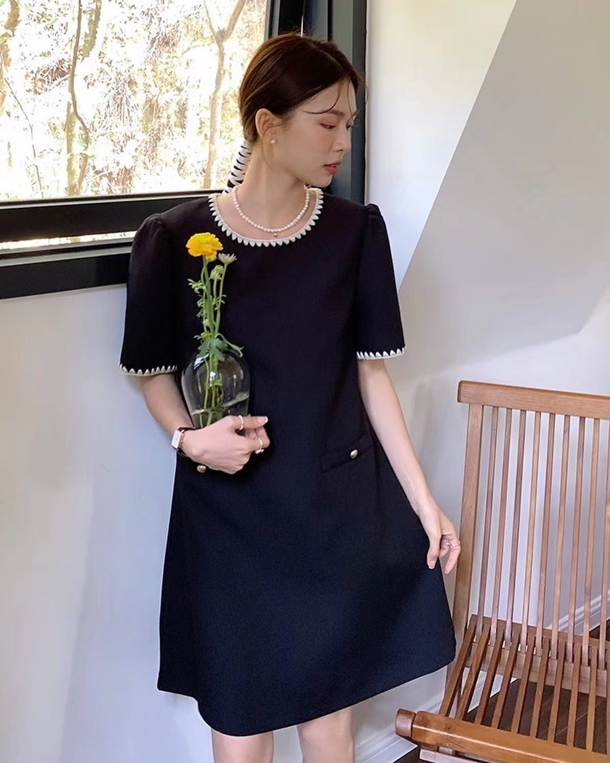 Color-Blocked Trim Tweed Dress