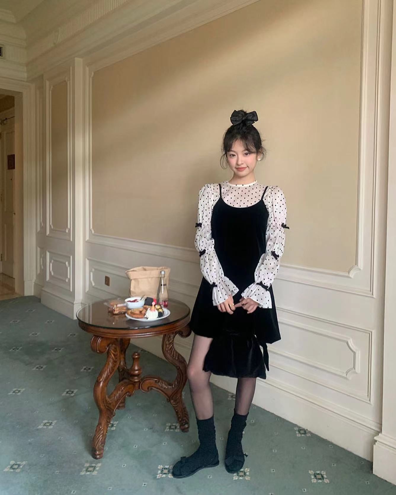 Bow Tie Polka Dot Top + Suspender Skirt Set