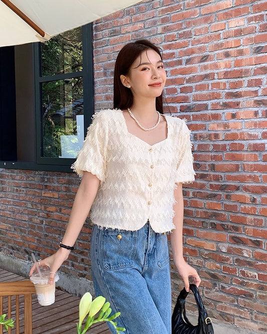 フリンジ付きスクエアネックトップス