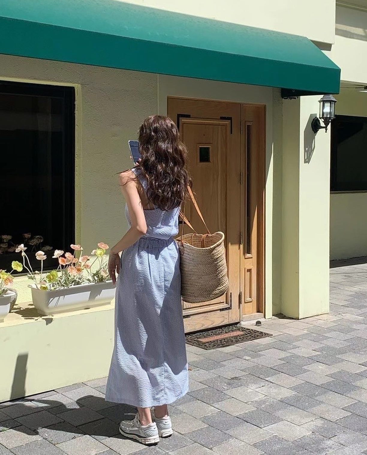 方領條紋背心+半身裙套裝