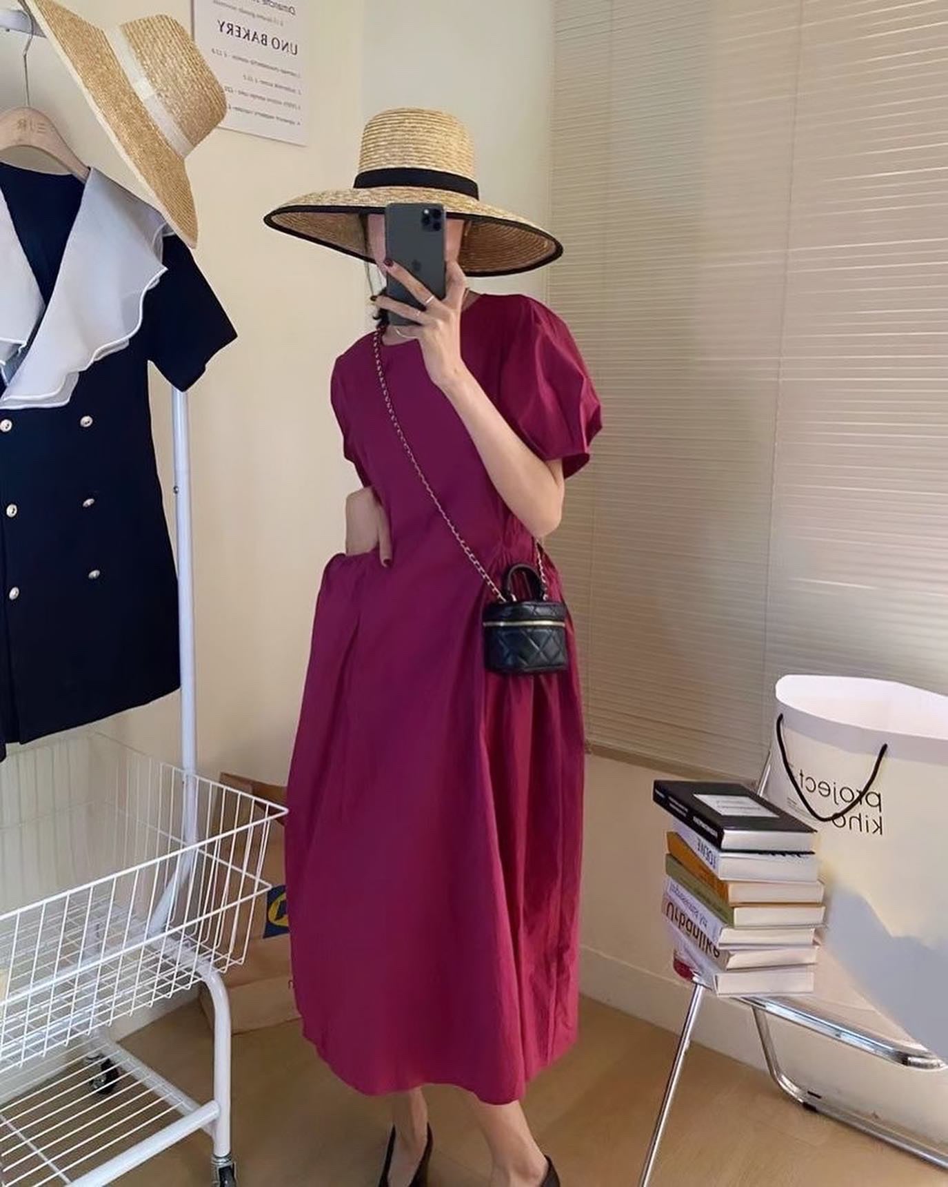 Pleated Waist-Cinching Crew Neck Dress