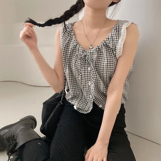 レーストリムドローストリングタンクトップ