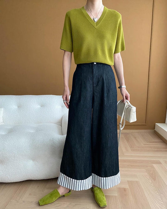 條紋拼接闊腿牛仔褲