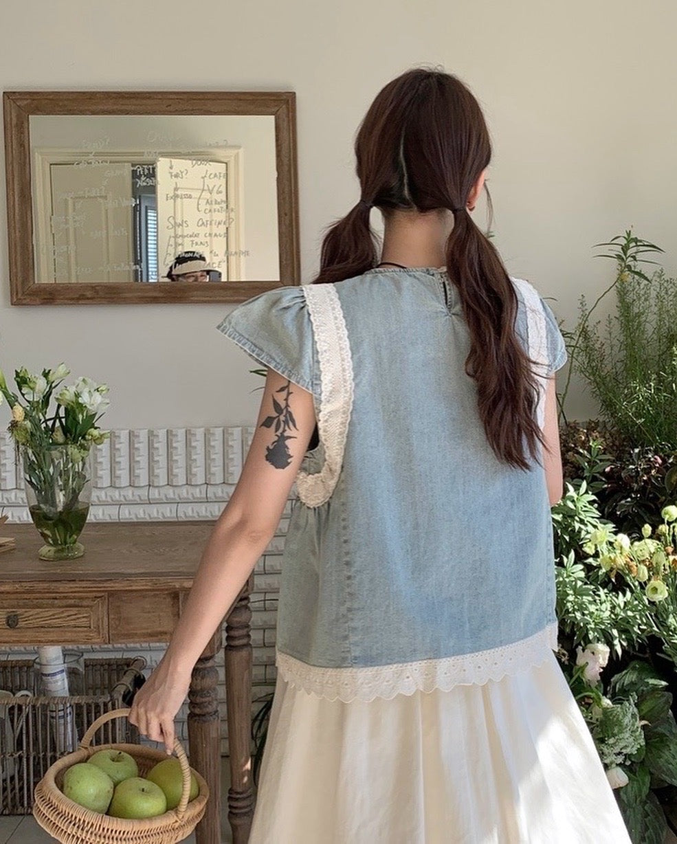 デニムパッチワークレーストップス