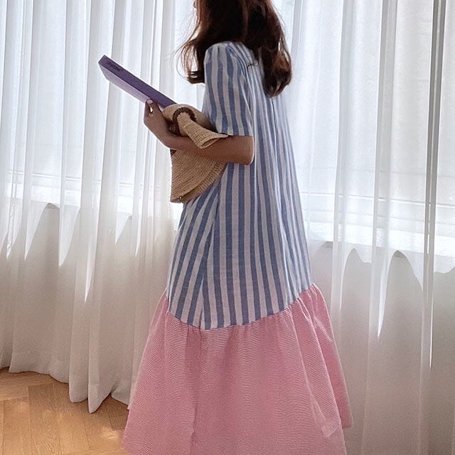 條紋拼接荷葉邊連身裙