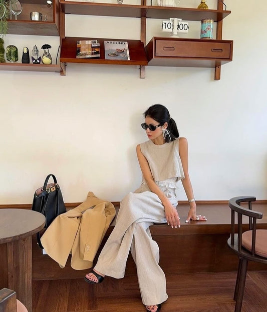 復古花邊背心+長闊腿褲set