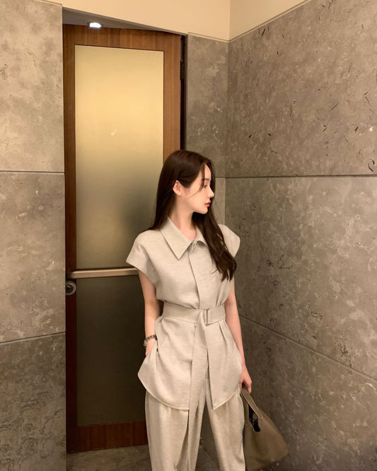 翻領背心綁帶高腰褲set裝