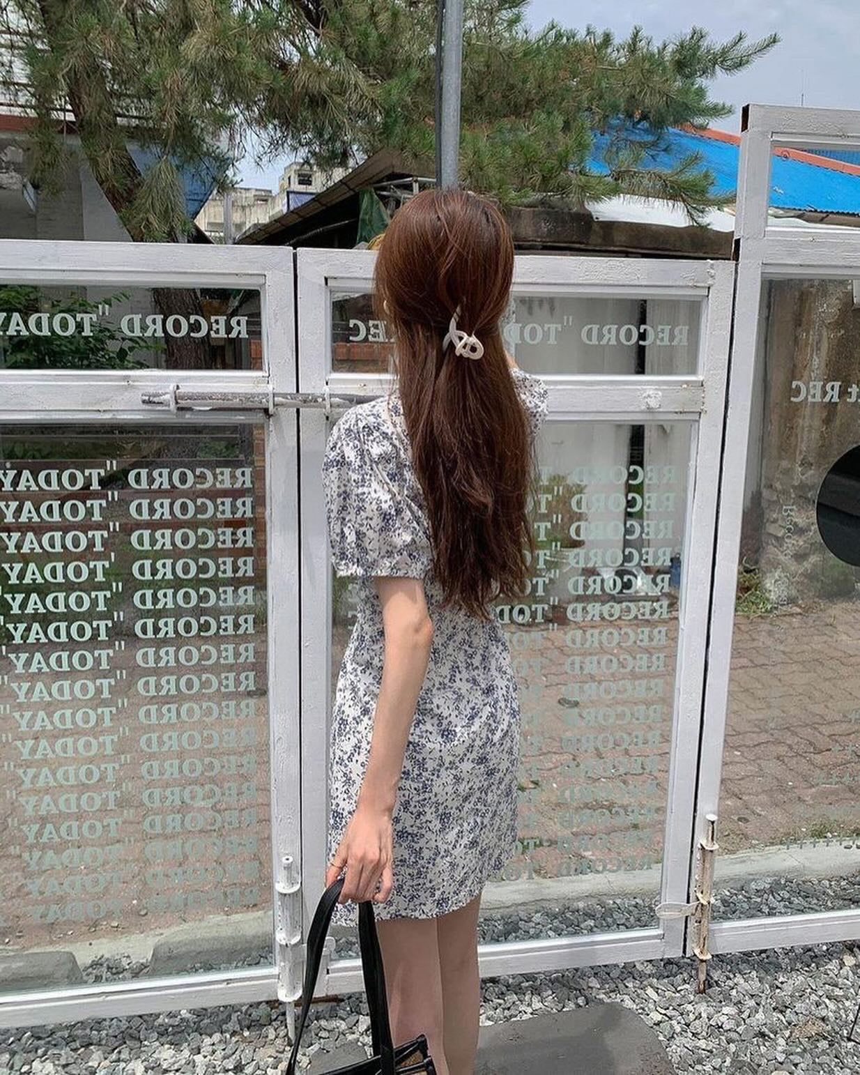 Lantern Sleeve Cinched Waist Floral Dress