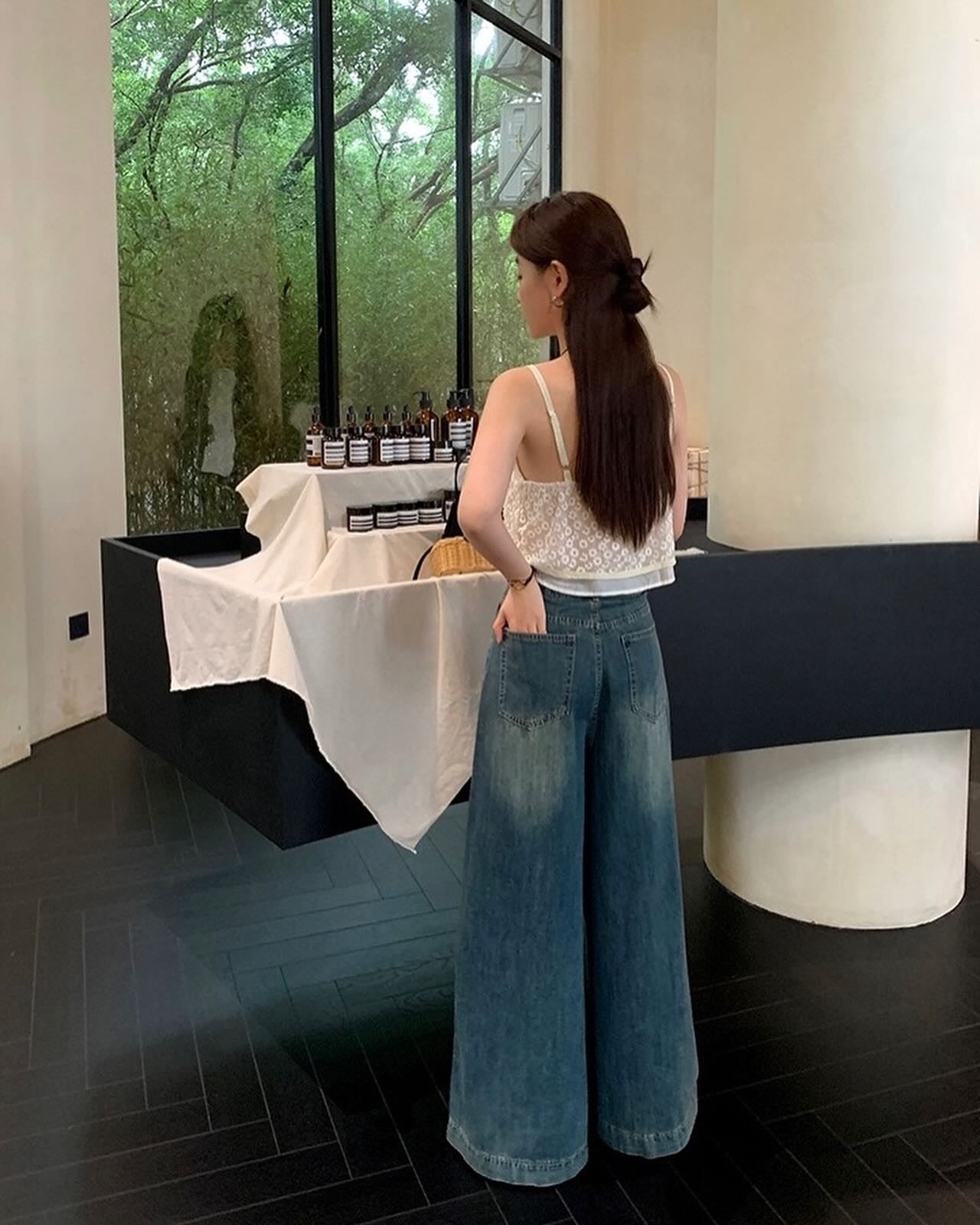 復古水洗闊腿牛仔褲