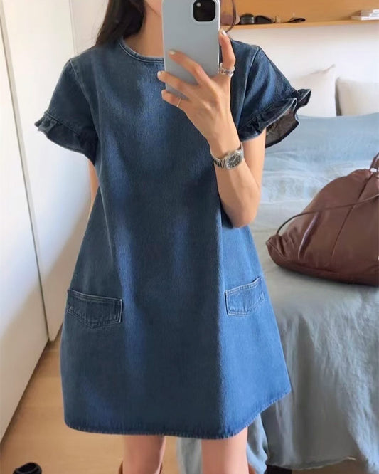 圓領荷葉袖牛仔裙