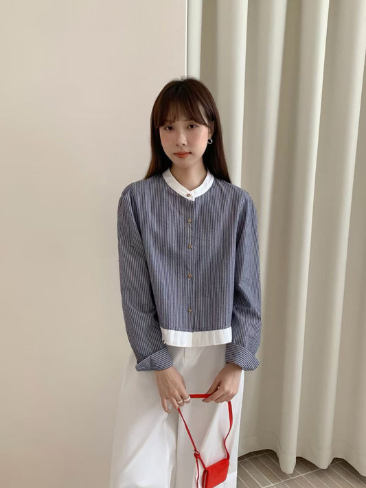 條紋撞色拼接恤衫