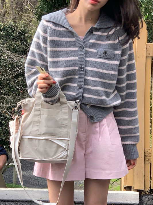 翻領撞色條紋開衫