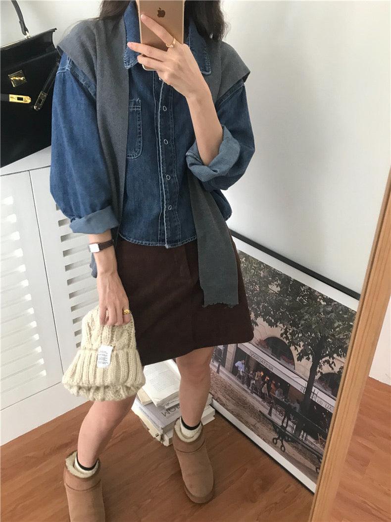 翻領牛仔上衣+毛織披肩set