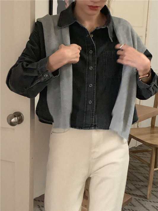 Denim Jacket with Lapel + Knitted Shawl Set