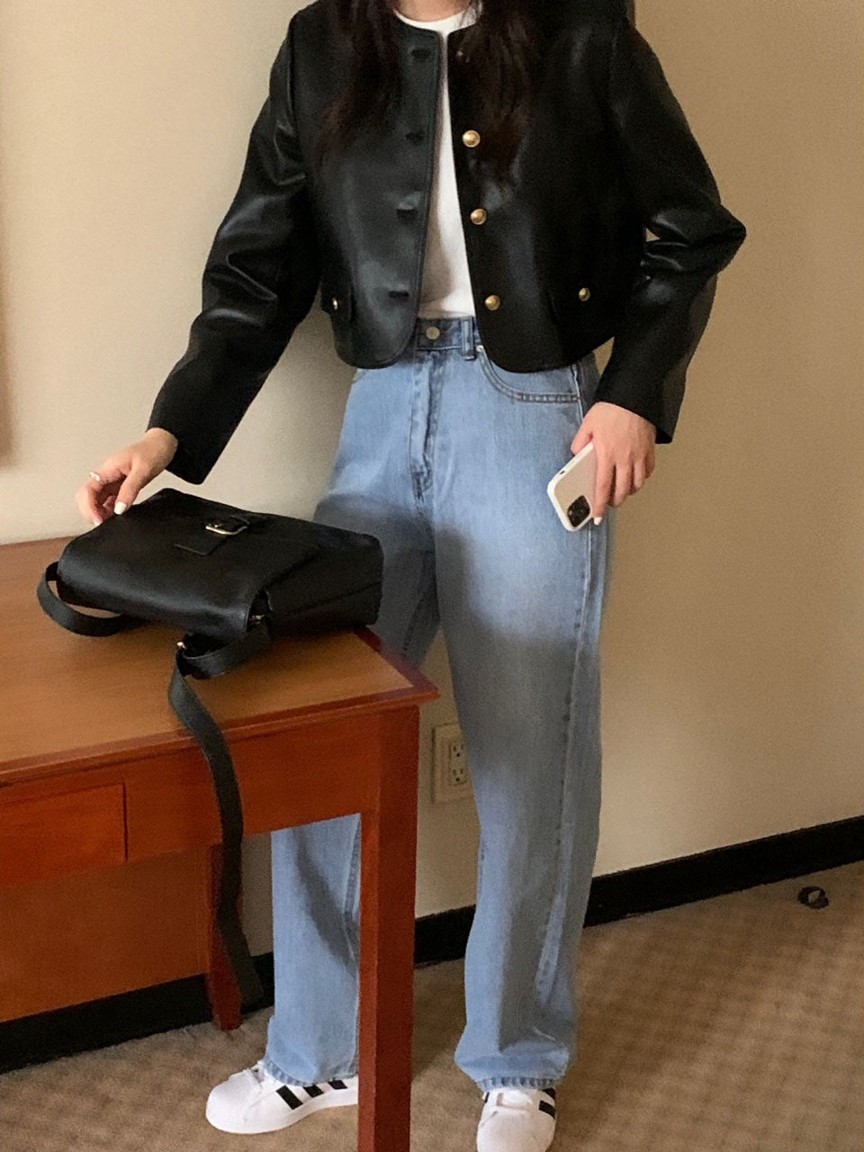 Crew Neck Leather Jacket with Metallic Single-Breasted Buttons