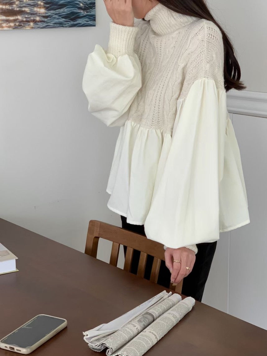 High-neck cable-knit patchwork lantern sleeve top