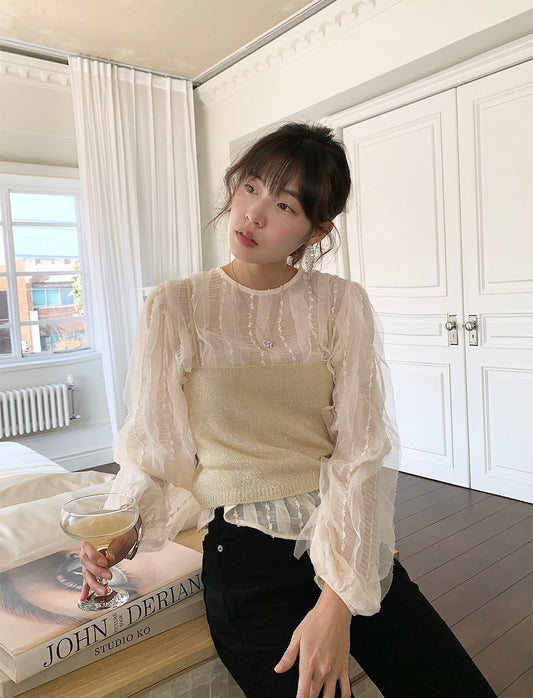 レーストリムパフスリーブブラウス