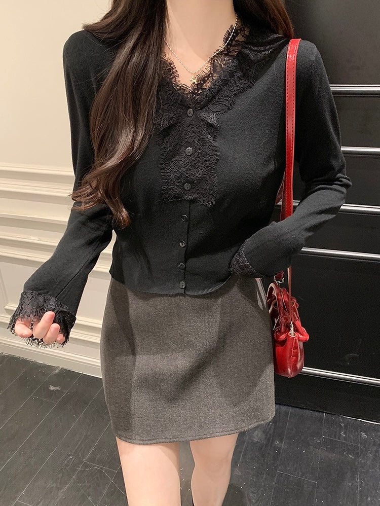 レース切り替えVネックニットトップス