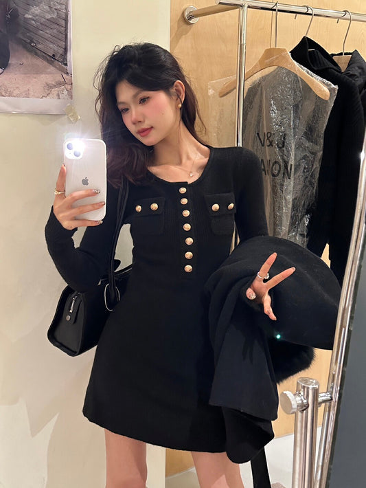 Golden Button Australian Wool Knit Dress