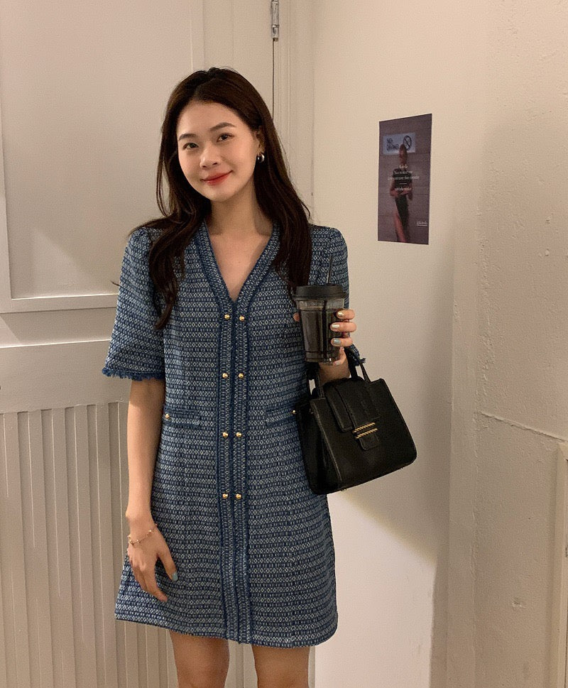 Chanel-style V-neck denim dress
