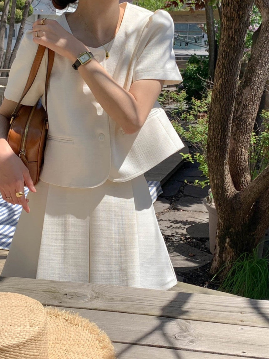 Chanel-style cropped top + pleated midi skirt set