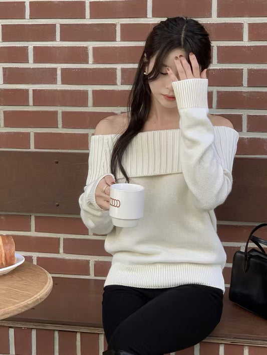 一字領露肩長袖針織top