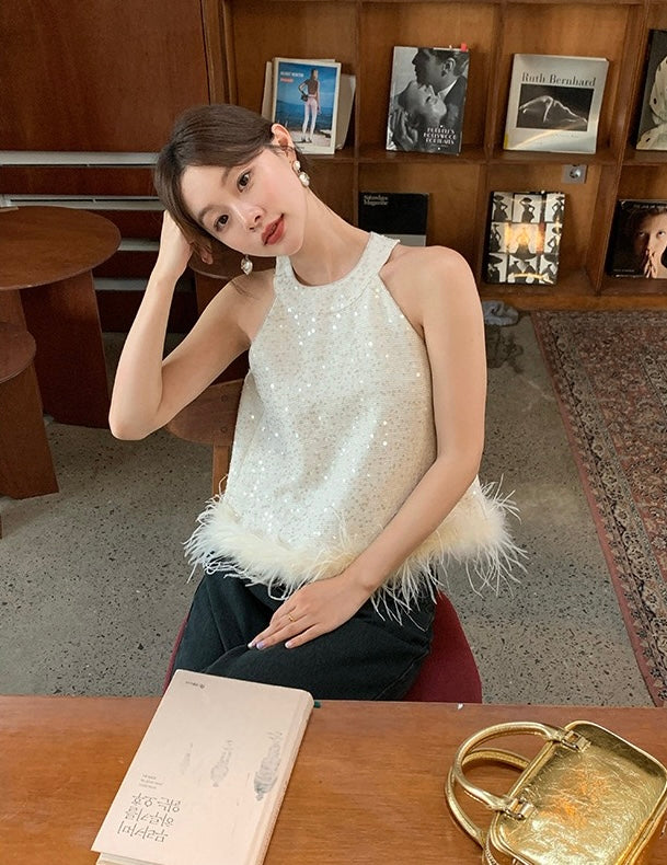 Chanel-style Sequin Feather Shoulder Top