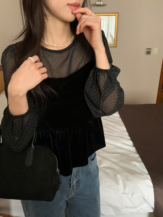 絲絨吊帶+波點雪紡top