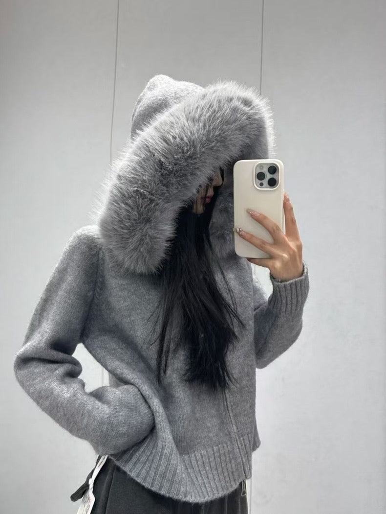 Knit Sweater with Large Fur-Trimmed Hood