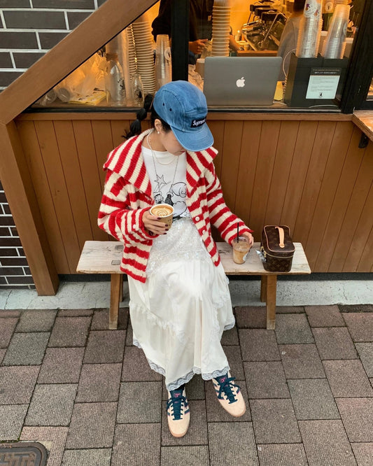 鹿皮絨拼接蕾絲花邊半身裙