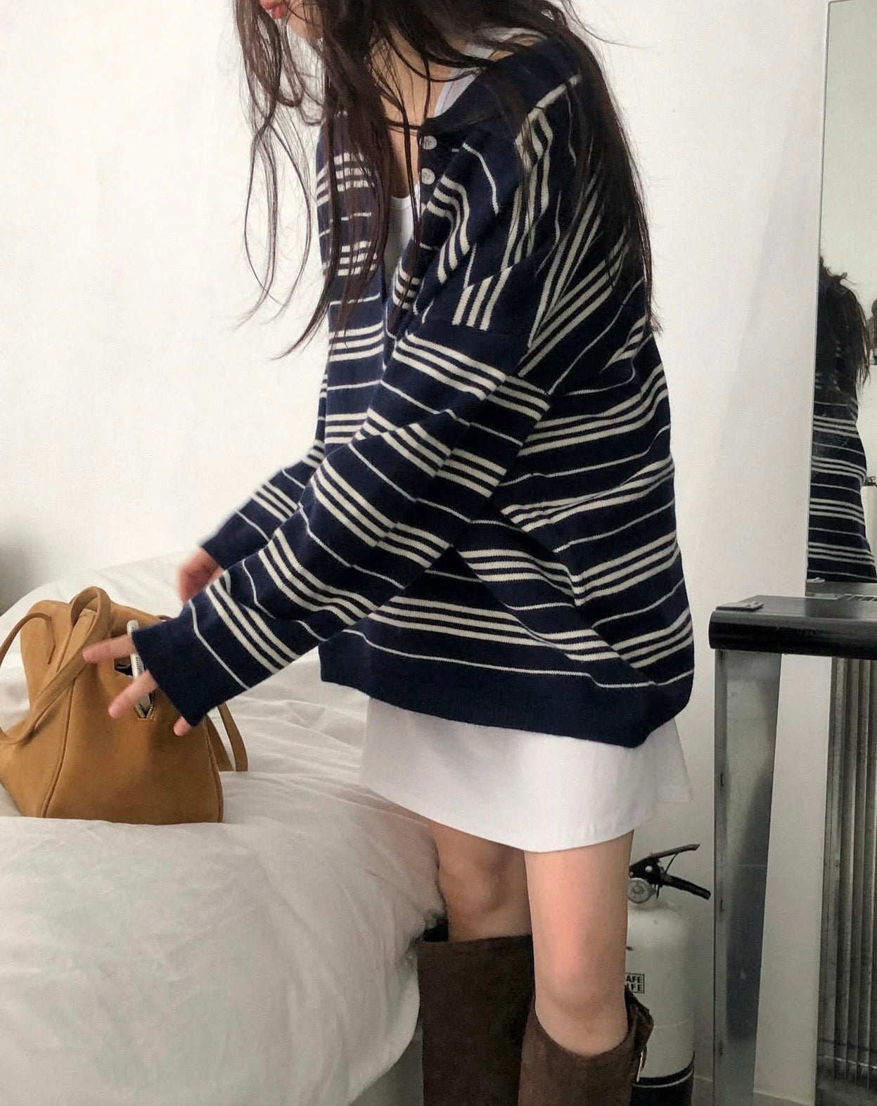 翻領慵懶條紋寬鬆針織