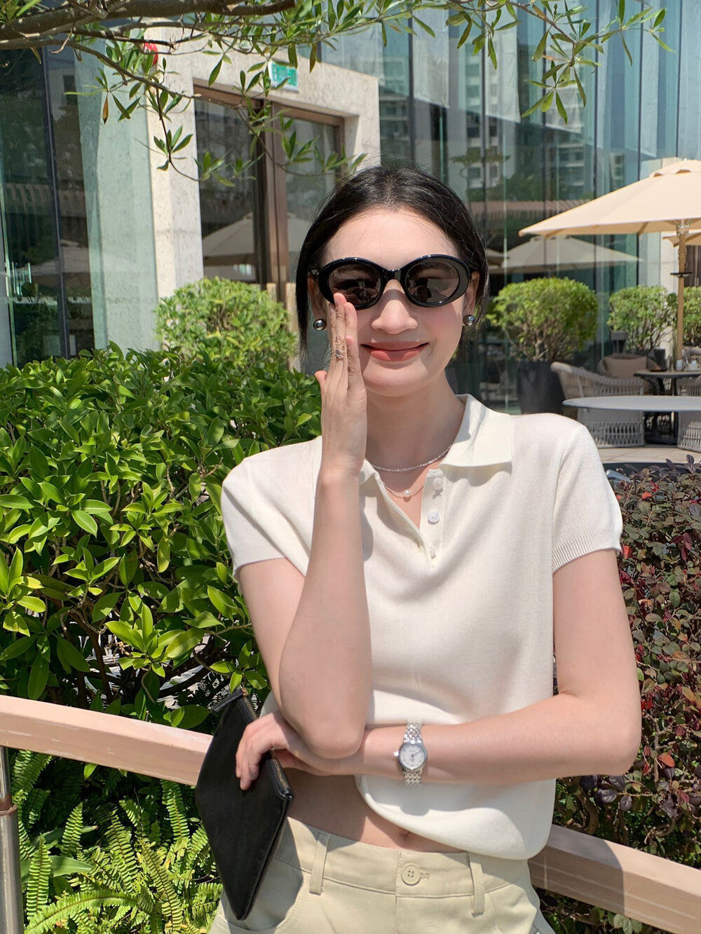 Polo Collar Regular Shoulder Ice Silk Knit Top