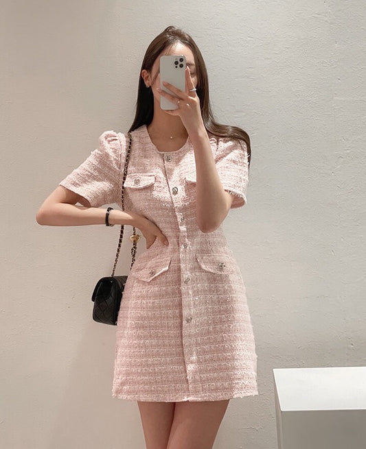 單排扣泡泡袖連身裙