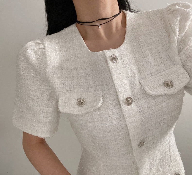 單排扣泡泡袖連身裙