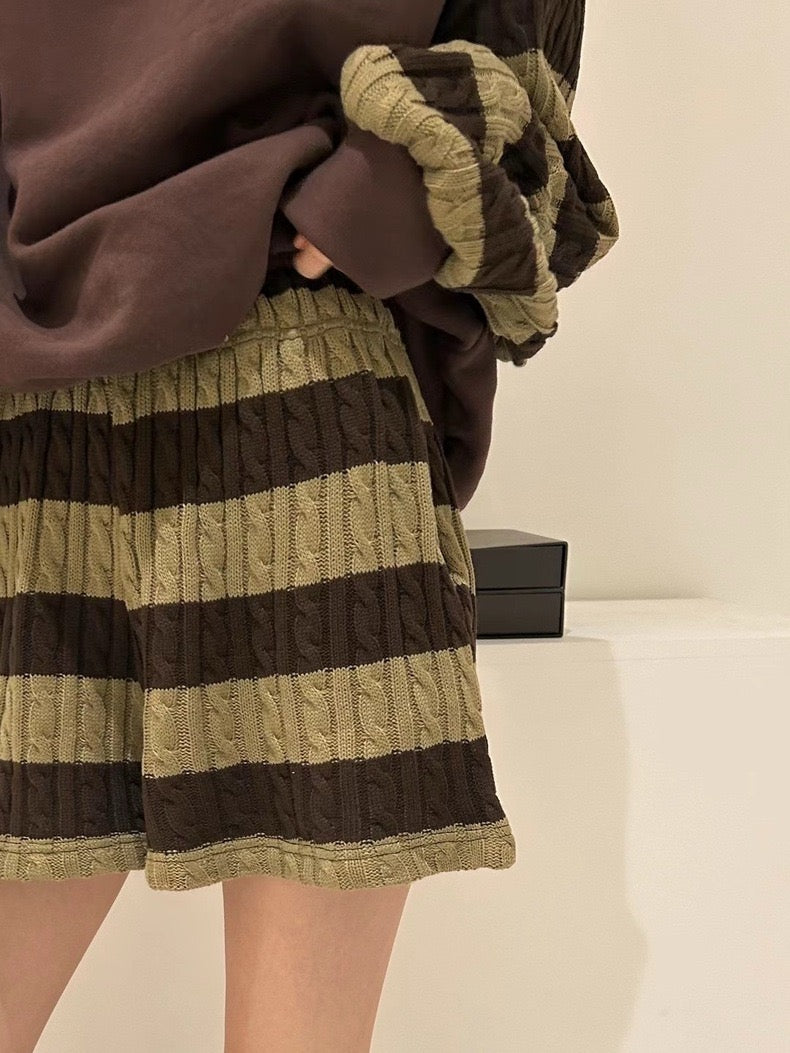 Knit Patchwork Striped Sweatshirt + High-Waisted Shorts Set