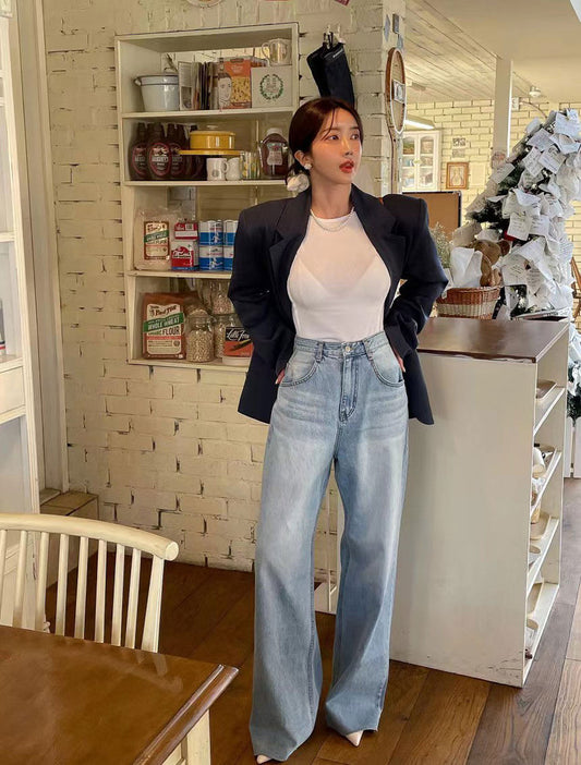 High-Waisted Slimming Heart Print Wide-Leg Jeans