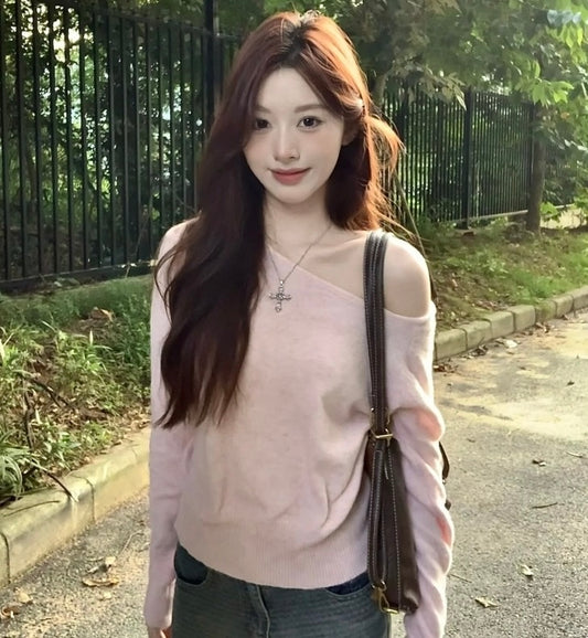 不規則斜肩針織top