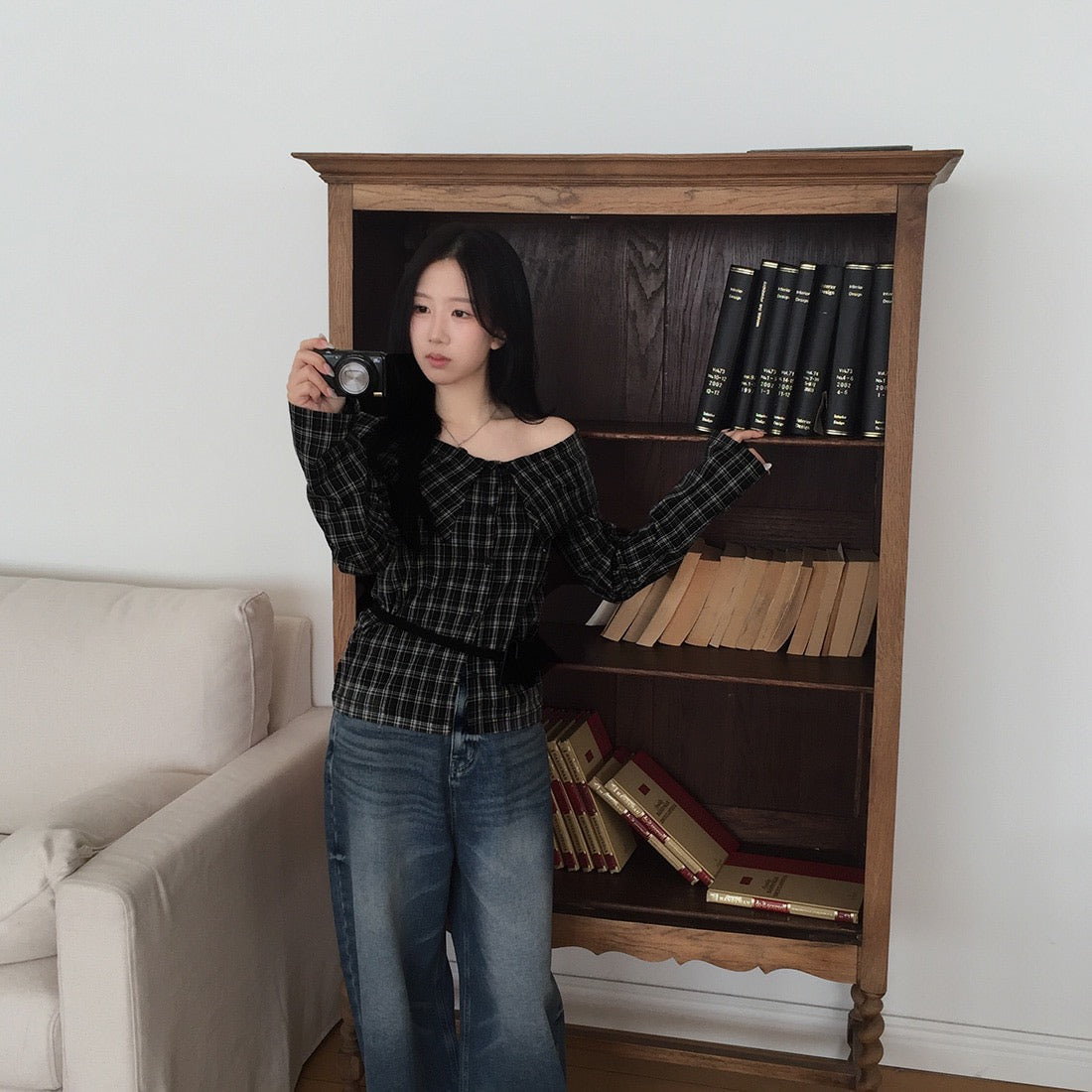 Off-shoulder Slimming Plaid Blouse