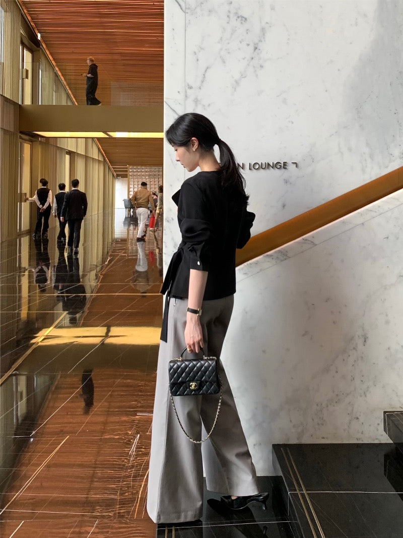 Round Neck Single Button Tie Belt Jacket