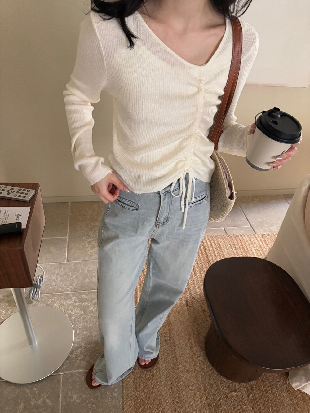 V領抽繩綁帶針織top