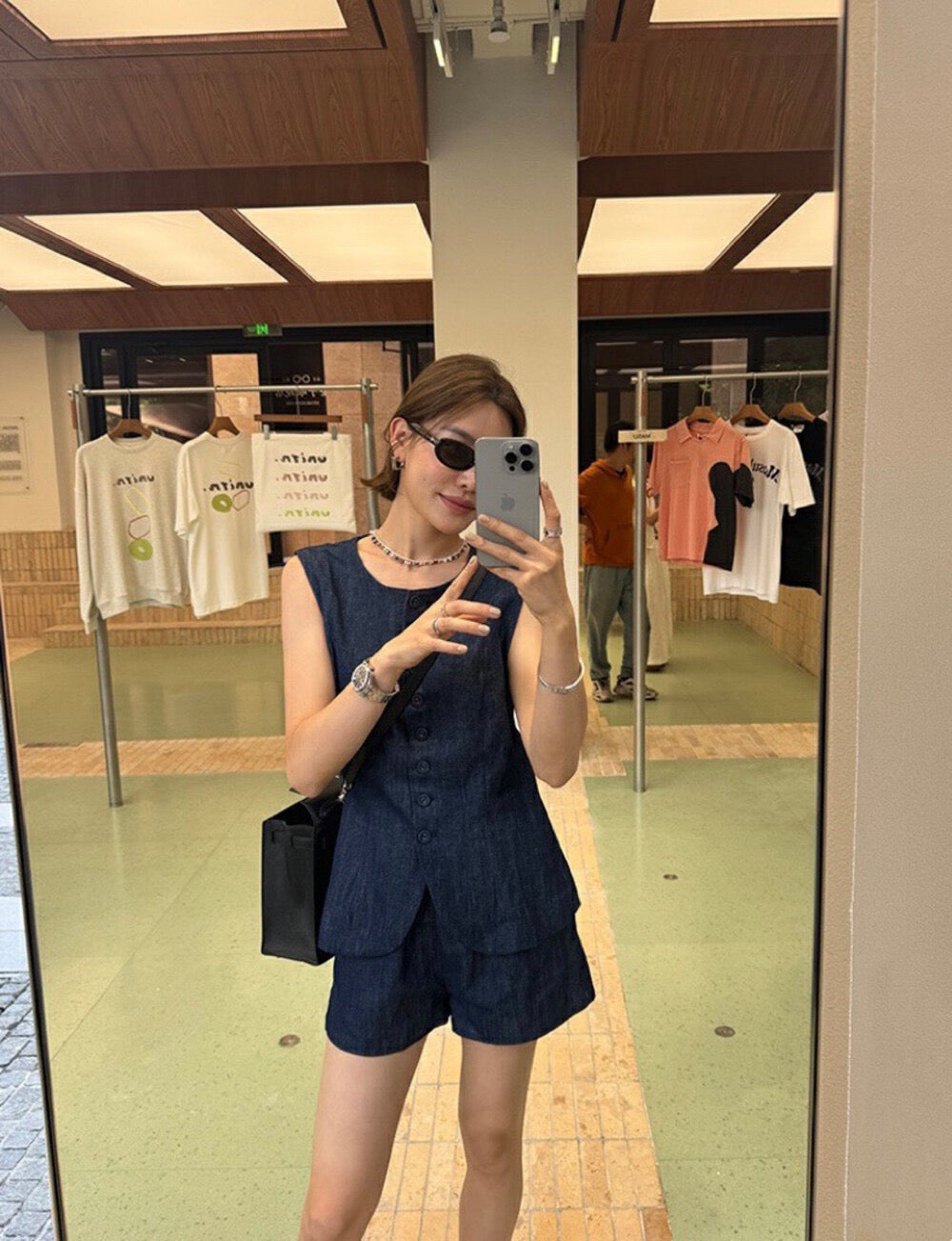 Minimalist Loose Vest + Wide-leg Denim Shorts Set