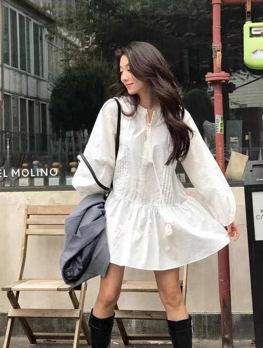 立領拼接蕾絲荷葉邊連身裙