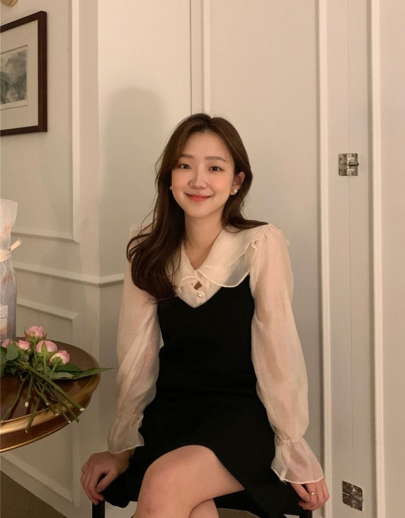 Doll Collar Puff Sleeve Blouse + V-Neck Slip Dress Set