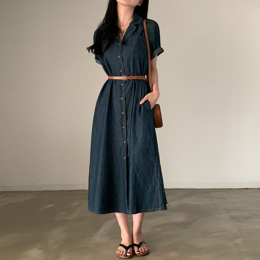 西裝領收腰牛仔連身裙