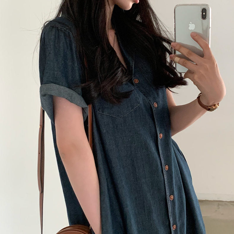 西裝領收腰牛仔連身裙